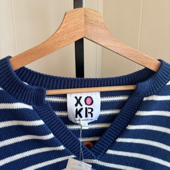 XOKR Kerri Rosenthal Sweater Women’s S Striped V Neck Embroidered Graphic NWT - Picture 1 of 9